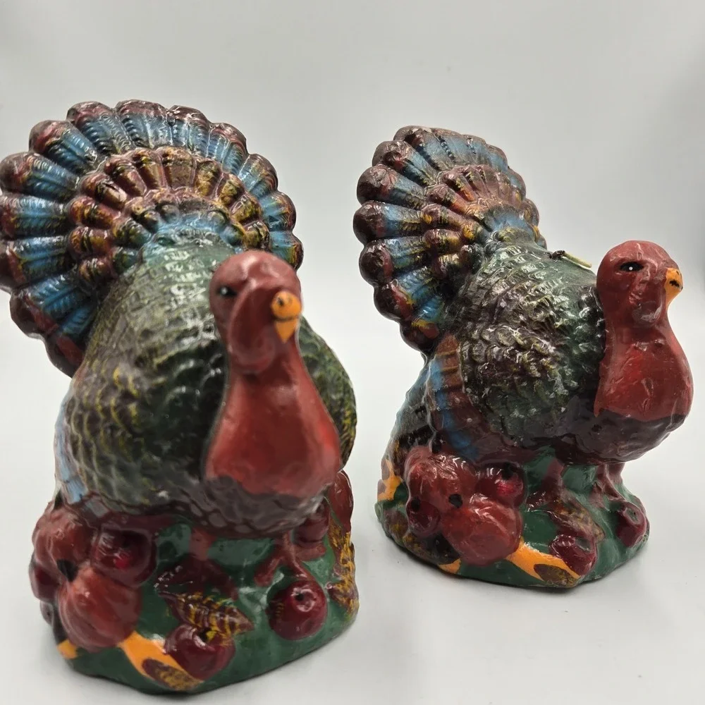 Set Vintage New Nos Turkey Candles Thanksgiving Fall 1950s MCM Colorful Primitiv